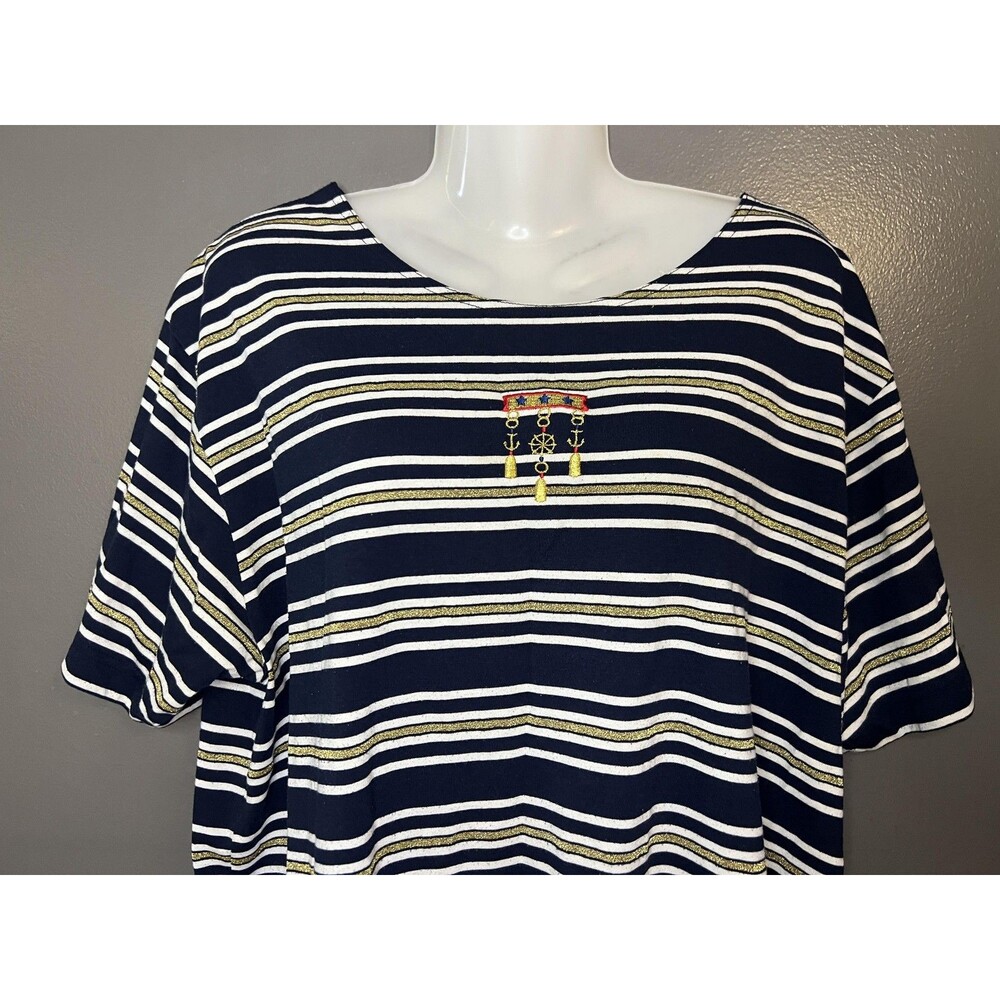 Vintage Needle & Threads Shirt Womens XL Navy Gold Striped Nautical 90s - Picture 2 of 9